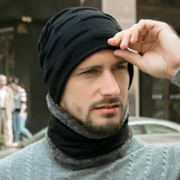 Men's Teddy Lined Cashmere Beanie Infinity Scarf Set